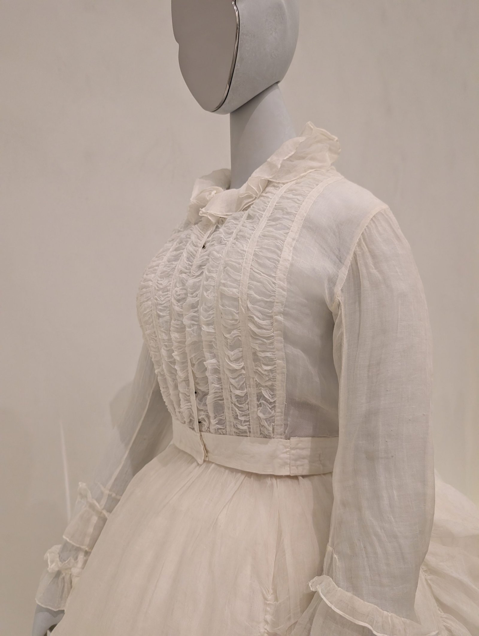 White 1870s Dress from The Met: Light and Shadow, Cotton Organdy, and “The Grecian Bend”